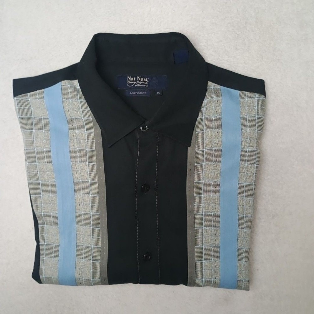 Nat Nast Shirt Mens XL Black Striped Button-Up Short Sleeve Silk American Luxury